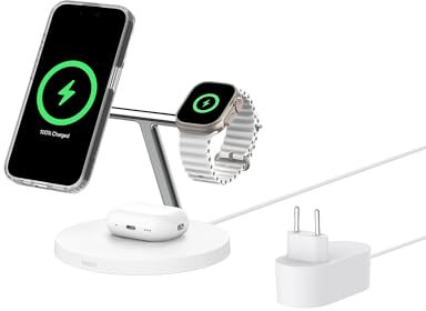 Belkin BoostCharge Caricatore 3 in 1 con Qi2, base di ricarica wireless compatibile con MagSafe, caricatore iPhone 17, Air, Pixelsnap, Apple Watch e AirPods, alimentatore incluso - Bianco