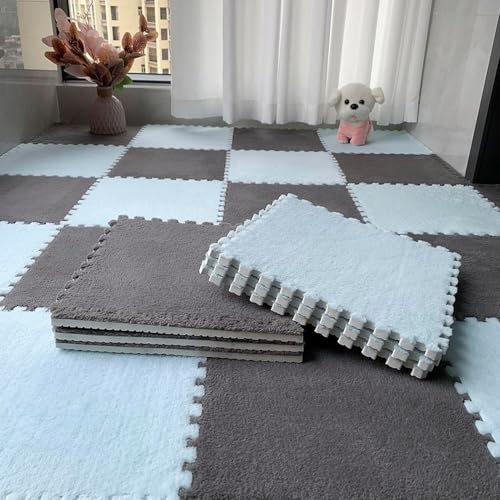 SSDDLZEQ Ineinandergreifender Teppich 30 weiche Plüschschaum-Fußmatten, ineinandergreifende Puzzle-Teppiche for Fitnessstudios, Kindergärten und Spielzimmer Dekoration(Gray+Blue)