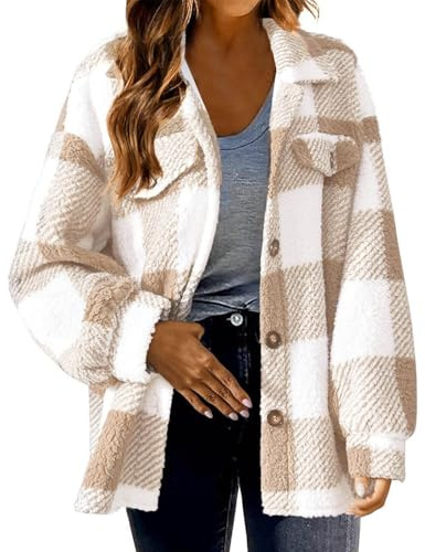 Chanpning Veste Chemise Polaire Femme Chemisier En Flanelle Carreaux Surchemise Manches Longues Automne Hiver Blouse Manteau Polaire Chaude Oversized Décontracté Chemise Mode Bûcheron Veste
