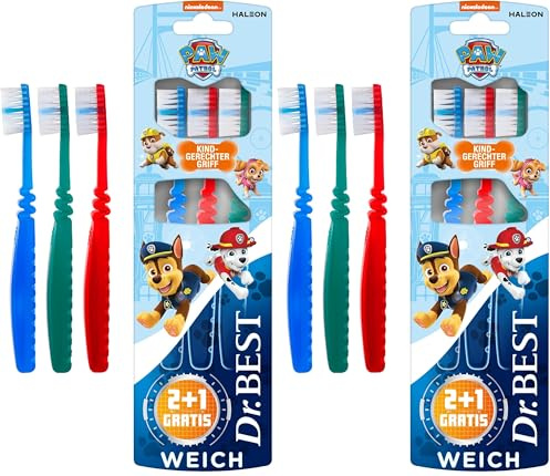 Dr.BEST Paw Patrol Zahnbürste, Weich (2 Stück + 1 Stück Gratis), weiche Borsten und kindgerechter Griff (Packung mit 2)