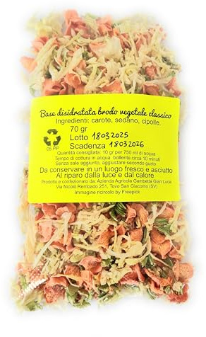 Brodo granulare vegetale 70 gr, base disidratata classica a fette, senza sale solo verdure. Coltivate e confezionate in Italia. Ingredienti carote, sedano, cipolla.