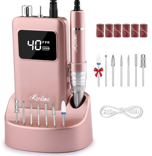 Kredioo Ponceuse pour Ongles Professionnelle 40000 Tours Moteur Brushless avec Base Rechargeable Affichage LED Puissante Faible Vibration & Bruit pour Retirer Vernis/Gel au Salon et à La Maison Rose