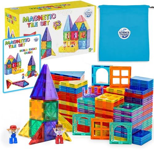 Science Kidz Magnetic Tiles - 50 Piece Set + 2 Magnet Play Figures + Bag | Building Blocks For Kids - Educational STEM Magnet Toys For 3, 4, 5, 6, 7 Year Old Boys & Girls - Magnetic Shapes