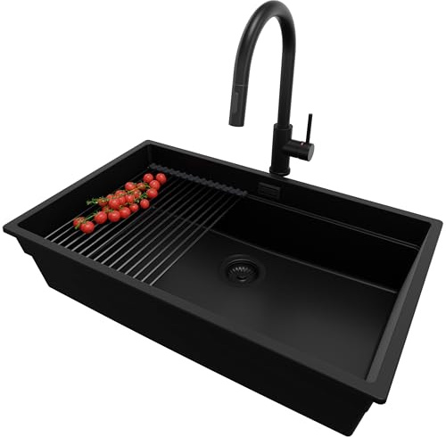 PRIMAGRAN Lavandino da Cucina al Mobile 80cm + Rubinetto, 76x47cm | Set: Rubinetto BW9010 + Kit di scarico + Scolapasta avvolgibile + Lavello in Granito a 1 Vasca, Tutto Nero