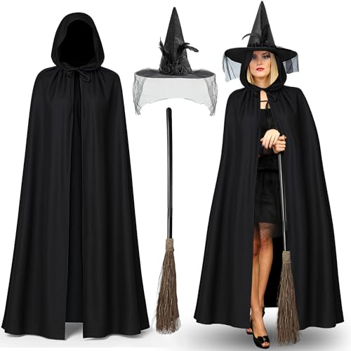 Moonlight Fright 3pc Witch Costume for Women with Witches Hat Adult Witches Cape and Witch Broom - Ladies Halloween Costume with Broomstick and Black Cape Adult Halloween Fancy Dress