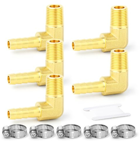 TAILONZ 5Pcs Coude Réducteur 90° Laiton 1/8 BSP à 6mm avec Colliers | Coude Réducteur 90°, Embouts Barbelés, Inclut Colliers, Corps En Laiton.