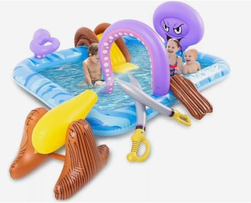 Swimming Pool Kids with Inflatable Water Slide - Garden Water Play Centre - Inflatable Swimm Pool with Toys - Childs Paddling Pool with Slide (Purple)