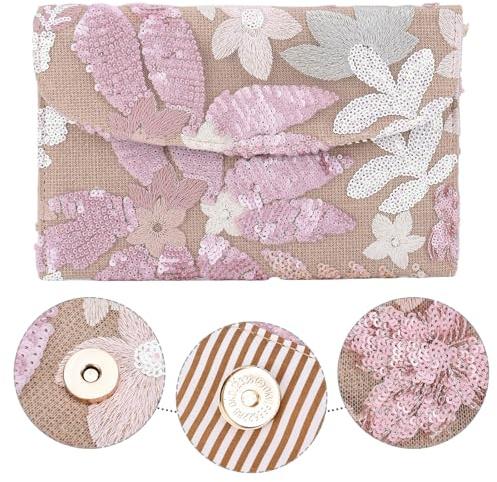 AMZGSHOP Abend-Clutch mit Blumenstickerei und Pailletten, rose, Large