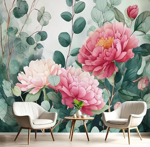 Fototapete Pfingstrose Eukalyptus 3D 375×270cm(W×H),Pflanzen Und Blumen Tapete Fototapeten, Schlafzimmer Wohnzimmer, Mintgrün Vlies Tapeten Wandtapete, XXL Wandbild Wand Deko