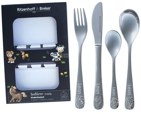 Striefchen® Personalisiertes Kinderbesteck Set von Ritzenhoff & Breker – Edelstahl mit Gravur – Geschenk für Kinder – 4-teiliges Besteckset im Geschenkkarton – verschiedene Motive (Bauernhof)