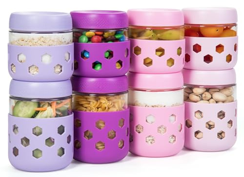 Gemice 8-Pack Glass Overnight Oats Jar with Silicone Sleeves, 500ml & 300ml Overnight Oats Containers with Lids, Salad Breakfast Pots Mason Jars for Chia Pudding Granola Yoghurt Porridge Cereals