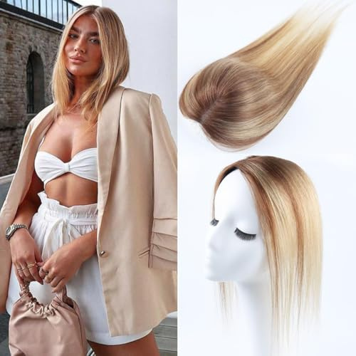 Haarteile für Frauen, Echthaar, 360°-Clip-in, kein Pony, Upgrade, handgefertigte Spitzenbasis, 12 Zoll, Highlights in Braun mit Blond