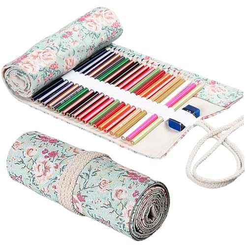 Rollo de lápiz Estuche de artista de lona de 32 x 8 pulgadas con 72 ranuras Almacenamiento de bridas para cables con patrón floral para útiles escolares para estudiantes de arte Lápices de colores