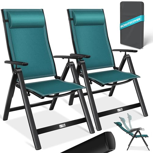 KESSER® Gartenstuhl Hochlehner mit Armlehnen 2er Set Aluminium Klappstuhl mit Kopfkissen & Abdeckung Campingstuhl 7-Fach Verstellbar Rückenlehne Atmungsaktiv Wetterfest Klappbar Anti-Rutsch, Petrol