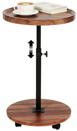 Beistelltisch Rund mit Rollen | Beistelltisch Höhenverstellbar (45-80cm) | Runder Beistelltische Holz Haben 360° Rotierend Nussbaum Finish | Couchtisch Klein für Wohnzimmer Sofa Couch (Nussbaum)