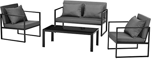 casa.pro Set Salottino da Esterno in Metallo con Divano a 2 Posti 2 Poltrone con Cuscini Grigio Scuro e 1 Tavolo Basso con Piano in Vetro Set Lounge Mobili da Giardino Patio - Nero
