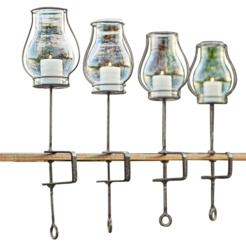 Loberon Windlicht 4er Set Calindra, klassischer Chic, Vintage-Charme, mit Schraubzwinge zum Befestigen, Indoor oder Outdoor, Glas, Eisen, klar/Silber