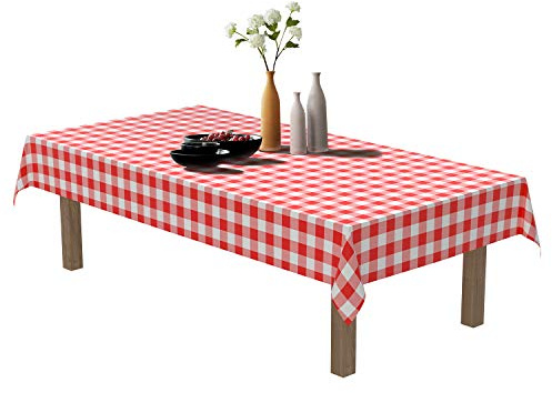 Puricon【Lot de 6 Nappes Jetables Plastique 1.37 x 2.74 M, Nappe Premium RectangulaireTrès Résistant pour l’Aniversaire, Le Mariage, la Gastronomie, Les Réceptions ou Le Ménage-Carreaux Rouge et Blanc