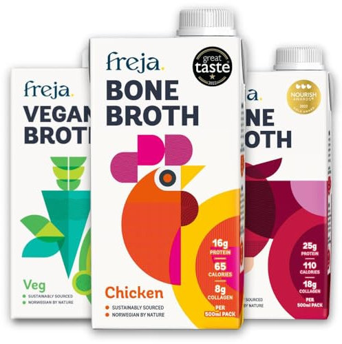 Freja Discovery Bone Broth Pack | Beef, Chicken & Vegetable | Premium Liquid Broth | Delicious & Natural | Low Calorie | High Protein & Collagen | Not from Concentrate, Powder or Cubes | 3 x 500ml