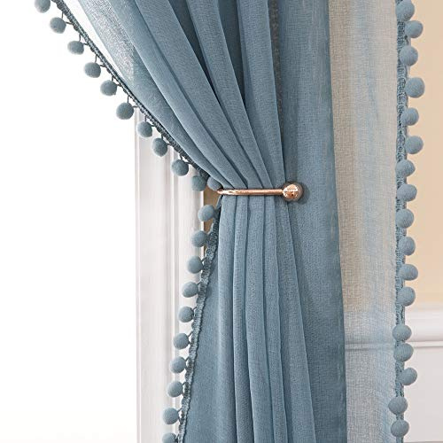 MIULEE Blå öljetter slöja gardin set med 2 stycken (2XL140 x H 215 cm), vackra dekorativa gardiner för sovrum baby, interiör fönster slöja vardagsrum, barngardin med plyschkula