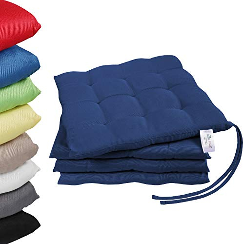 NatureMark 4er Set Stuhlkissen mit Bändern 40x40 cm – Gefüllte Sitzkissen, Outdoor & Indoor – Navy Blau