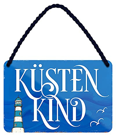 Küstenkind Blechschild - Metallschild mit Kordel und Saugnapf - maritime Retro Deko - Schilder Dekoration Haustür Eingang Lieblingsplatz Garten Badezimmer - Geschenk Nordsee Ostsee Fans - 18x12cm