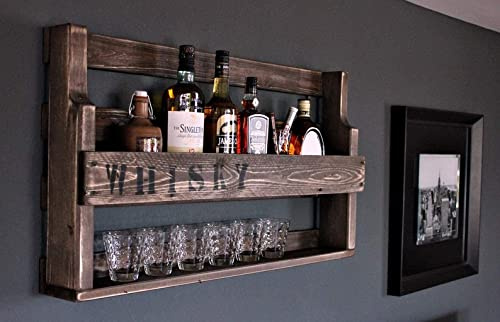 Whisky Regal aus Holz - mit Gläserhalter und WHISKY Schriftzug - Braun - Industrie Stil - fertig montiert - Wandbar - Whisky-Regal aus Holz (60 cm)