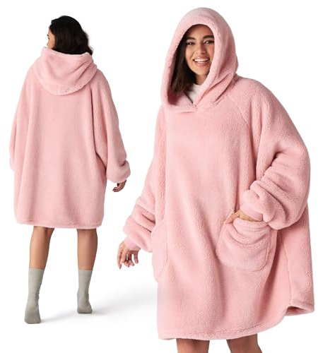 BEDSURE Hoodie Decke mit Ärmeln Rosa - 95x85cm | Weiche, Warme Kuscheldecke mit Ärmeln, Tragbar mit praktischen Taschen, ideal für Couch & Winter