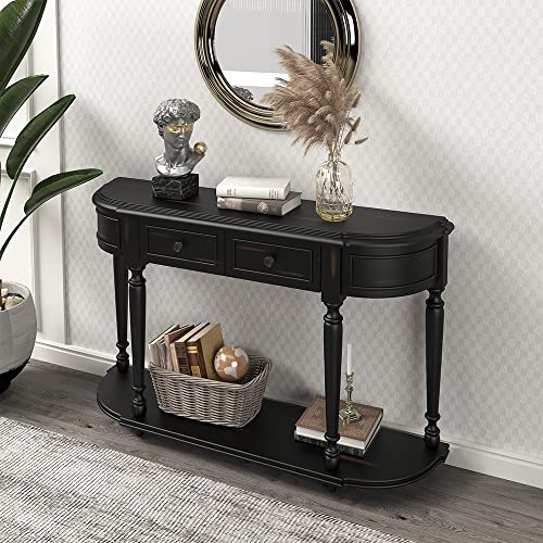 MNSSRN Curved Design Console, Curved Console Table with 2 Drawers, Vintage Sofa Table with Solid Wood Frame Legs, Home Kitchen Entry Table,Black