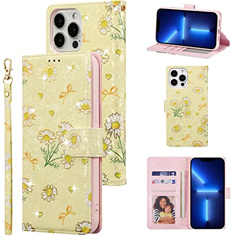 UEEBAI Wallet Case for iPhone 13 Pro Max 6.7 inch, PU Leather Phone Case Kickstand RFID Blocking Flip Case Card Slots Wrist Strap Relief Engraved Pattern Magnetic Closure Folio Case - Yellow Daisy