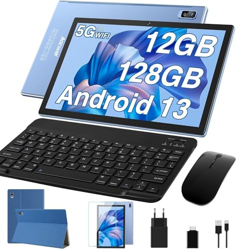AOCWEI Tablet de 10 Pulgadas Android 12 Tablet PC con 5G + 2.4GWiFi, 4GB RAM 64GB ROM 128GB Expandable, batería 8000mAh, 5MP + 8MP, Octa-Core | 2.0Ghz | Bluetooth 4.2 | y Teclado ratón lápiz Azul