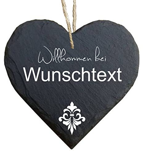 homeyourself - Schieferherz Schiefer Schild personalisiert mit Druck/Wunschtext - Willkommen bei Familie - individualisiert