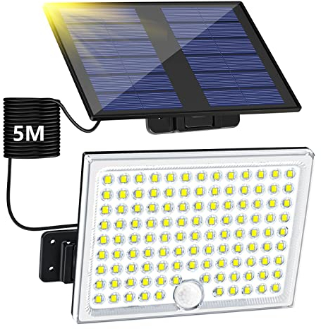 Lampada Solare da Esterno, Faretto Led da Esterno con Sensore di Movimento, Luce Solare Led Esterno con Pannello Solare, 113 LED 2000mAh 4 Modes Lampioni Luci Solari da Giardino con 5M Cavo, 1 Pezzo