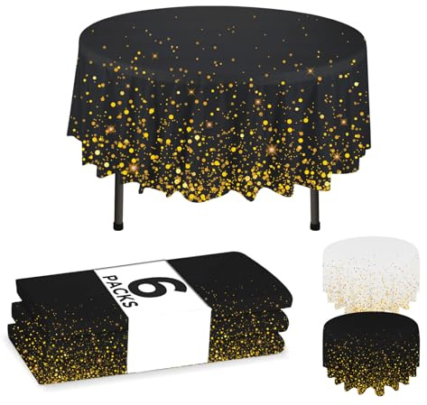 NORZEE Confezione da 6 tovaglie in plastica usa e getta, colore nero, tovaglia in plastica da 213,4 cm, tovaglia rotonda nera oro confetty