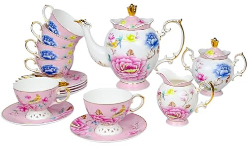 ACMLIFE Tea Set for Adults- Fine China Tea Set for 6, 21-Piece Vintage Coffee Set English Porcelain Tea Pot Sets for Adult Tea Party for Women Gift (Pink, Extra Large 21)