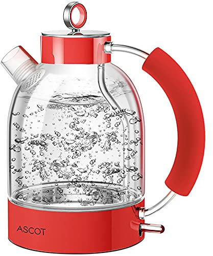 ASCOT Electric Kettle, Glass Electric Tea Kettle, Gift for Man/Women/Family, 1.5L Borosilicate Glass Tea Heater & Hot Water Boiler, BPA-Free, Auto Shut-Off and Boil-Dry Protection (Red)