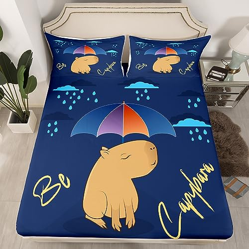 Capybara Theme Fitted Sheet 140x200x30,Kinder Haustier Capybara Bettwäsche Set Lustige Capybara Holding Regenschirm In Regen Bettwäsche,Nette Nagetier Tier Bettwäsche für Kinder,Kein Top Sheet