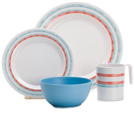 FLAMEFIELD JUST Stripes - Juego de vajilla de melamina de 16 piezas, platos contemporáneos, cuencos y tazas duraderos para comedor elegante al aire libre, resistente al calor hasta +70 °C, resistente