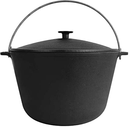 Kazan 10L aus Gusseisen mit Bügel und Gusseisendeckel | Schwenktopf Campingtopf Gulaschkessel | Cast Iron KESSEL tatarskij Kasan | Schmortopf Asia WOK | Deckel Outdoor BBQ Camping Lagertopf