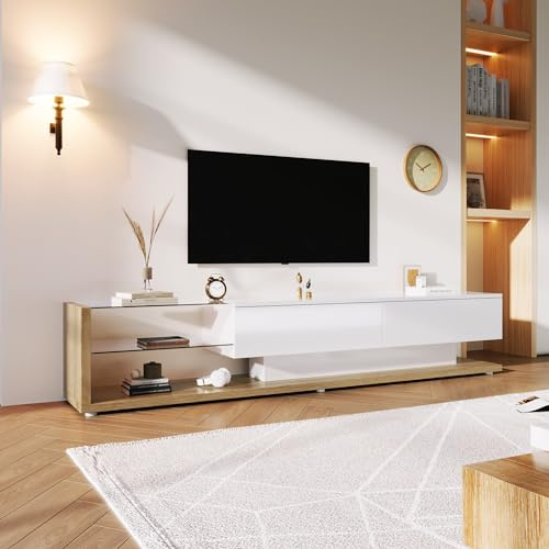 Merax Lowboard TV Board mit LED-Beleuchtung, Modernes Hochglanz weiße TV-Schrank mit Glasständer und zwei große Schubladen, niedrige Paneele, für Wohnzimmer, Esszimmer, Weiß & Holzfarben, 170x36x38 cm