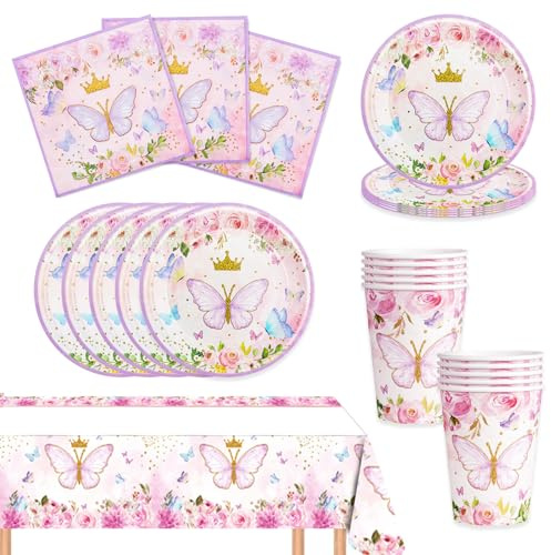 Tema Farfalla Posate per Festa di Compleanno - Set Stoviglie con Tovaglioli, Bicchieri di Carta, Tovaglie, Piatti a Forma di Farfalla per Bambina