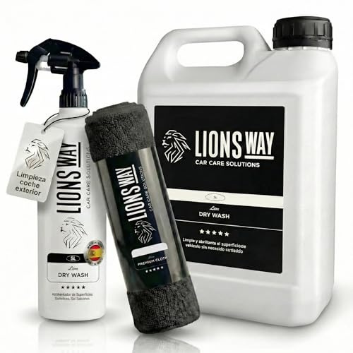 LionsWay: Limpieza de Coche en Seco con Cera de Carnauba. Detailing Profesional. Abrillantador Potente sin Agua. Tratamiento Cerámico Rápido para Coche y Moto. (5000ml + Pulverizador + 2 Bayetas)