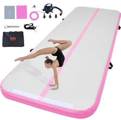 VEVOR Tapis de Gymnastique Gonflable 10 cm Épaisseur, Piste d’Acrobatie avec Pompe Électrique, Tapis d'Entraînement pour Usage Domestique/Salle de Sport/Yoga/Cheerleading/Plage/Parc/Eau, 3 m, Rose