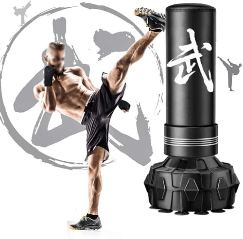 Boxsack, 70 Zoll, Robuster Boxsack, Freistehender Boxsack Mit Ständer, Saugnapfbasis, Boxhandschuhen, Stehender Kickboxsack Für Das Boxtraining Zu Hause Im Fitnessstudio,Black