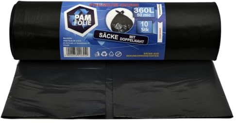 PAM-FOLIE Sacchi della spazzatura 360 l, 10 pezzi, grandi, extra forti, spessi, di alta qualità, 120 x 150 cm, 50 µm, sacchetti neri per rifiuti da costruzione, polistirolo