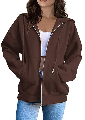Ladies Solid Color Zip Up Hoodies Sweatshirt Women Tops Long Sleeves Casual Fashion Loose Hooded Jackets with Pockets
