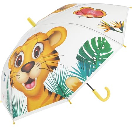 Idena 50114 - Parapluie pour enfants en plastique transparent avec motif tigre, parapluie canne à ouverture manuelle, diamètre 83 cm et longueur env. 66 cm