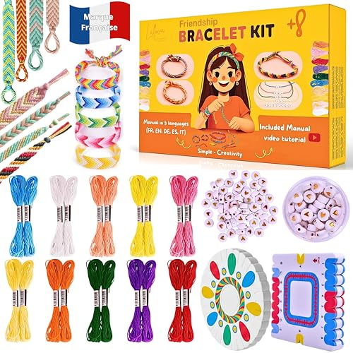 Kit Bracelet Bresilien et d'Amitié avec Notice en Français Idée Cadeau pour Fille 8-16 Ans Kit DIY Loisirs Créatifs Enfants et Adultes Activité manuelle Machine Bracelet Bresilien Jouet créatif