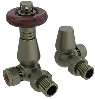 NRG Corner Radiator Valve 15mm Thermostatic Lockshield Valves Antique Brass | Bathroom Central Heating Taps, Solid Brass, Simply Set the Temperature