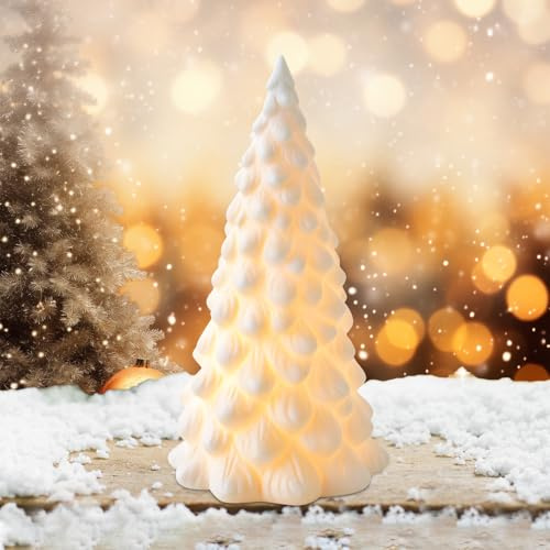 LED Weihnachtsbaum Dekofigur mit Porzellan und Keramik - Weißer Tannenbaum für Weihnachten - Tischdeko (C)